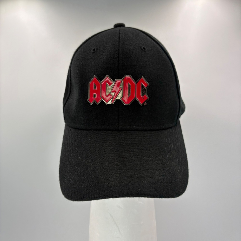 VTG AC/DC Black Cap Metal Logo Band Hat Graphic Underbrim‎ Bio Dome Stretch M/L